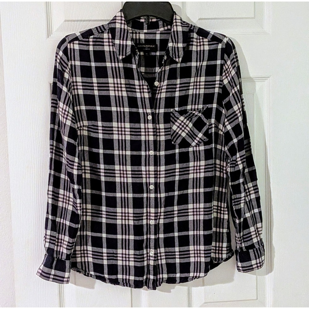 Banana Republic Classic Fit Plaid Button Down Shirt Black White Pink Viscose M
